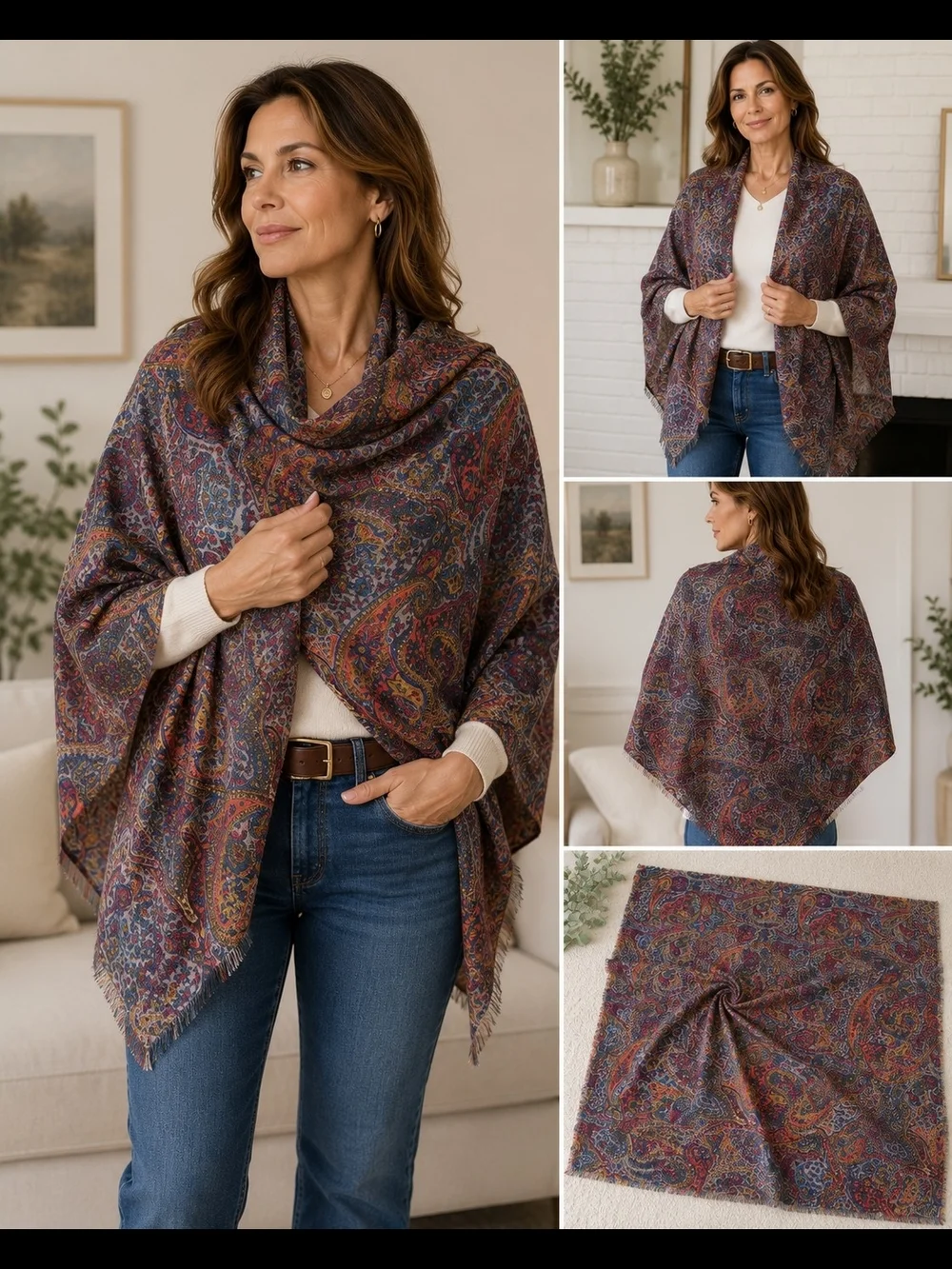 Vintage Paisley Wool Feel Shawl Wrap Scarf Fringe Edge Boho Colorful 44